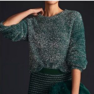 Anthro Maeve Tinsel Eyelash Sweater Teal Size Small EUC